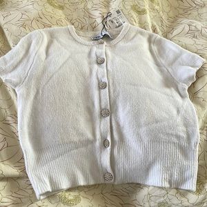 Zara white fuzzy jewel button sweater